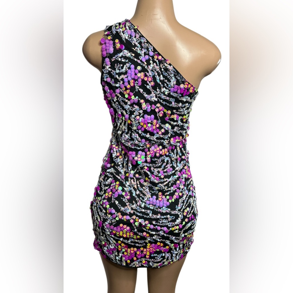 Lulus Vibrant Nights ~Size S~ Black Multi Sequin One-Shoulder Bodycon Mini Dress - Picture 6 of 14